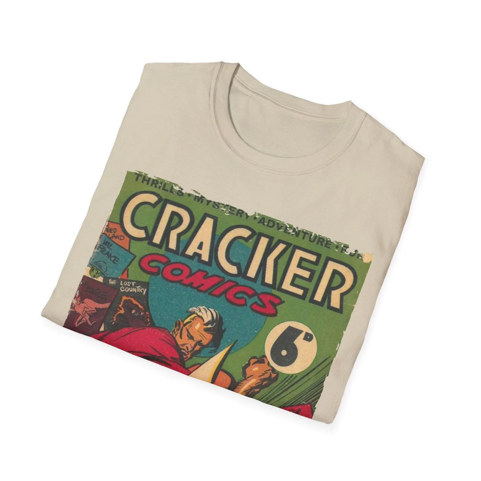 Close-up of the Cracker 1943 T-Shirt neckline showing reinforced stitching and soft cotton fabric in faded navy blue from a