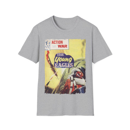 Close-up of the unisex softstyle T-shirt’s neckline with reinforced stitching and subtle fabric texture in vibrant red color.