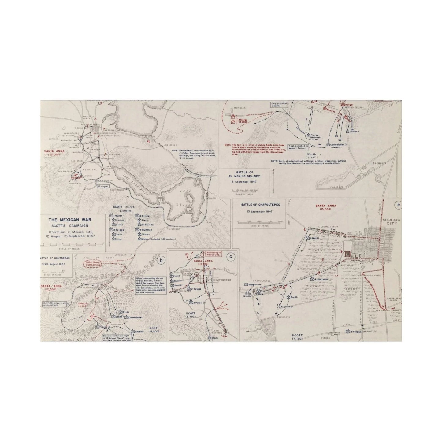 Close-up of textured canvas surface highlighting aged, faded colors and intricate brushstroke details from the Mexican War