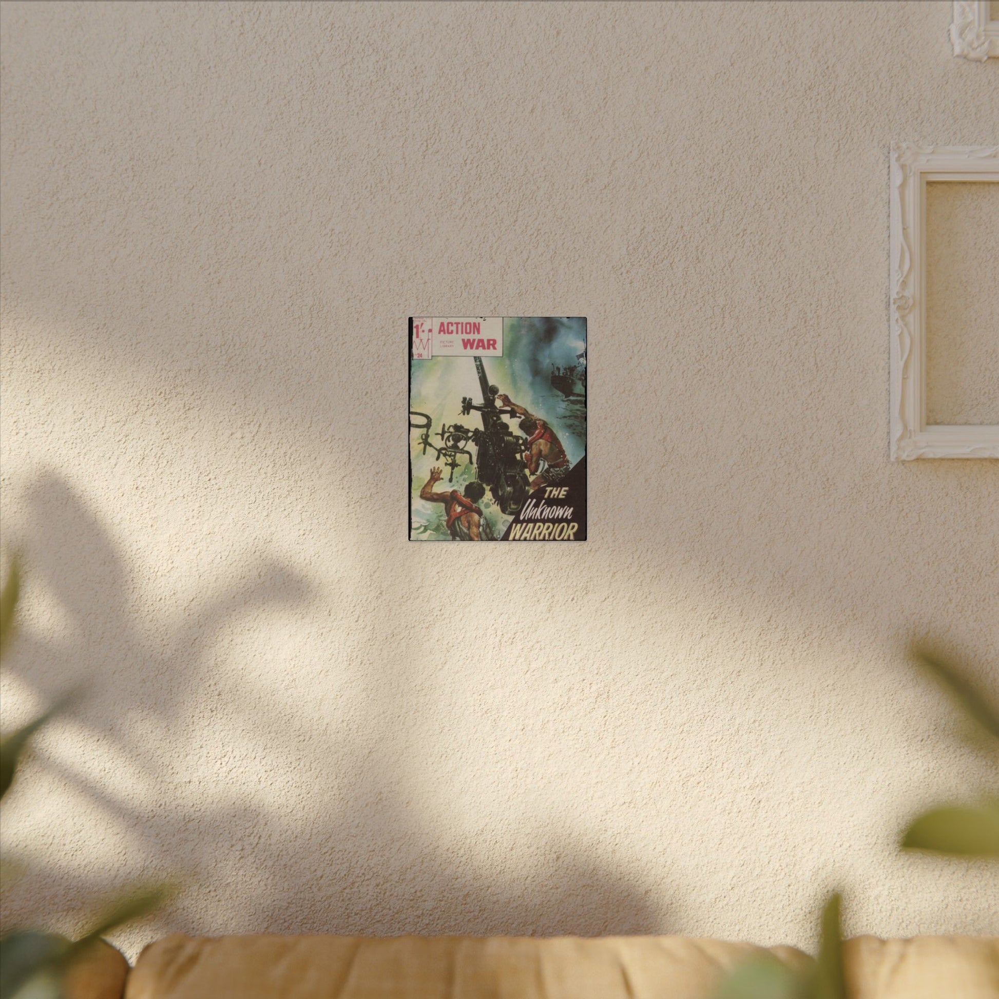 Close-up of the canvas texture and detailed print of "Action War #24" with vibrant colors and crisp design highlights