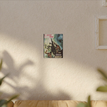 Close-up of the canvas texture and detailed print of "Action War #24" with vibrant colors and crisp design highlights