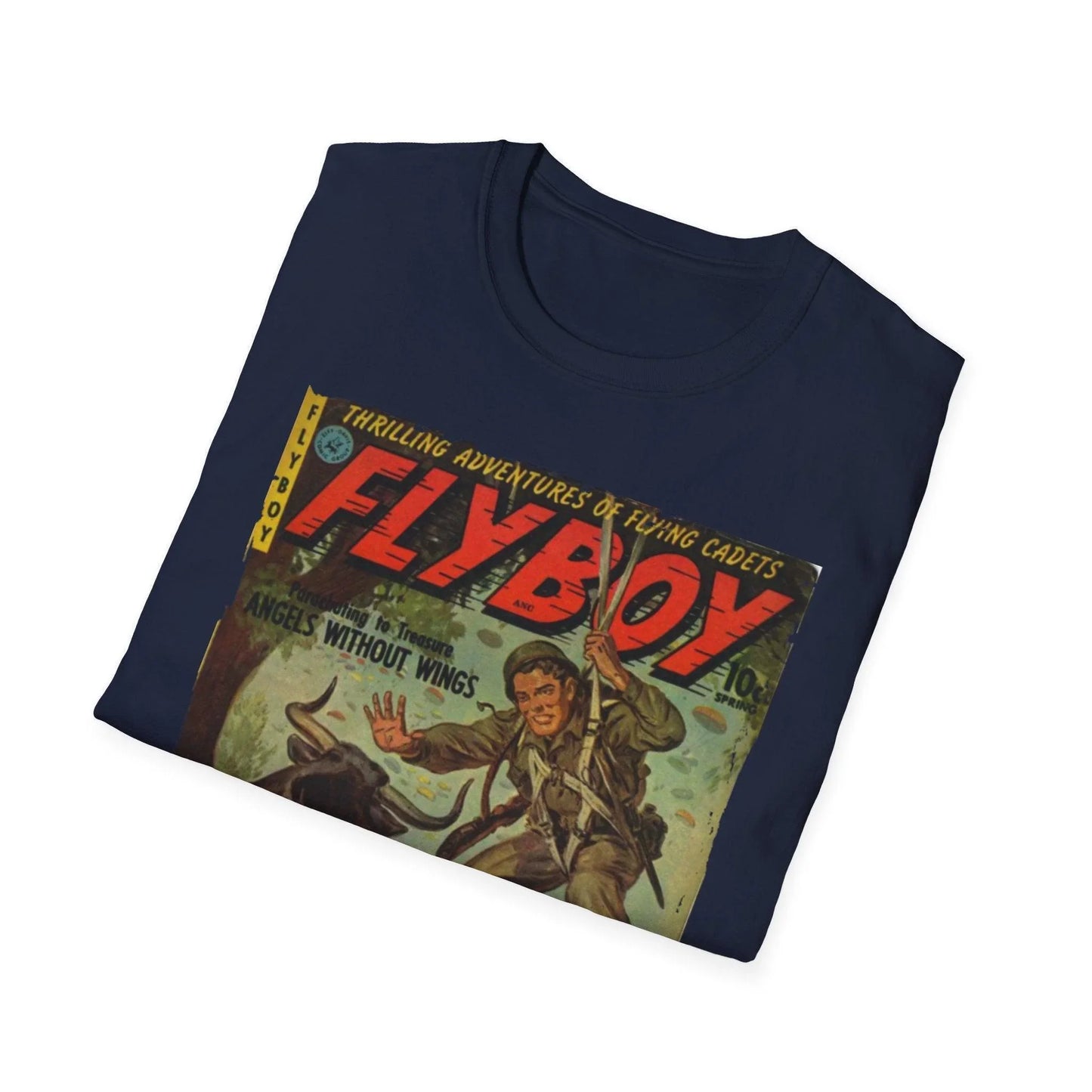 Close-up of the Flyboy No.1 unisex softstyle T-shirt neckline showing smooth fabric and reinforced stitching in vibrant