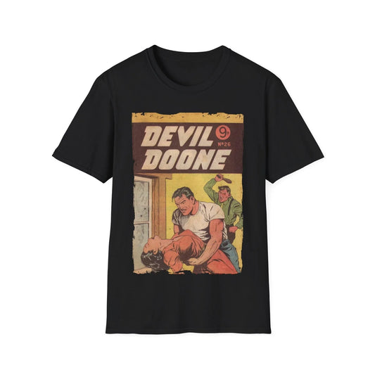 Printify Devil Doone No.26 unisex cotton crew neck T-shirt, regular fit, navy blue, DTG printed fabric, short sleeves