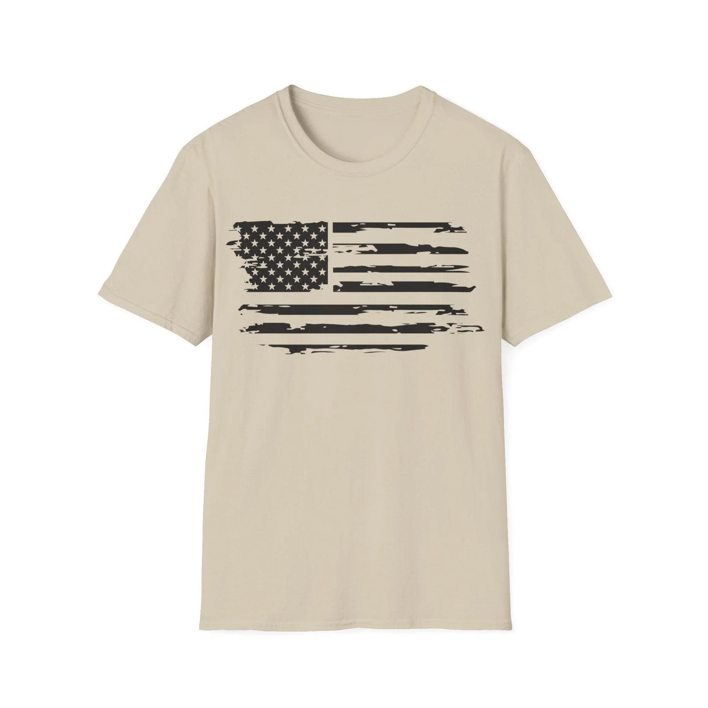 Close-up of the distressed black-and-white American flag graphic on the chest of the unisex softstyle T-shirt, highlighting