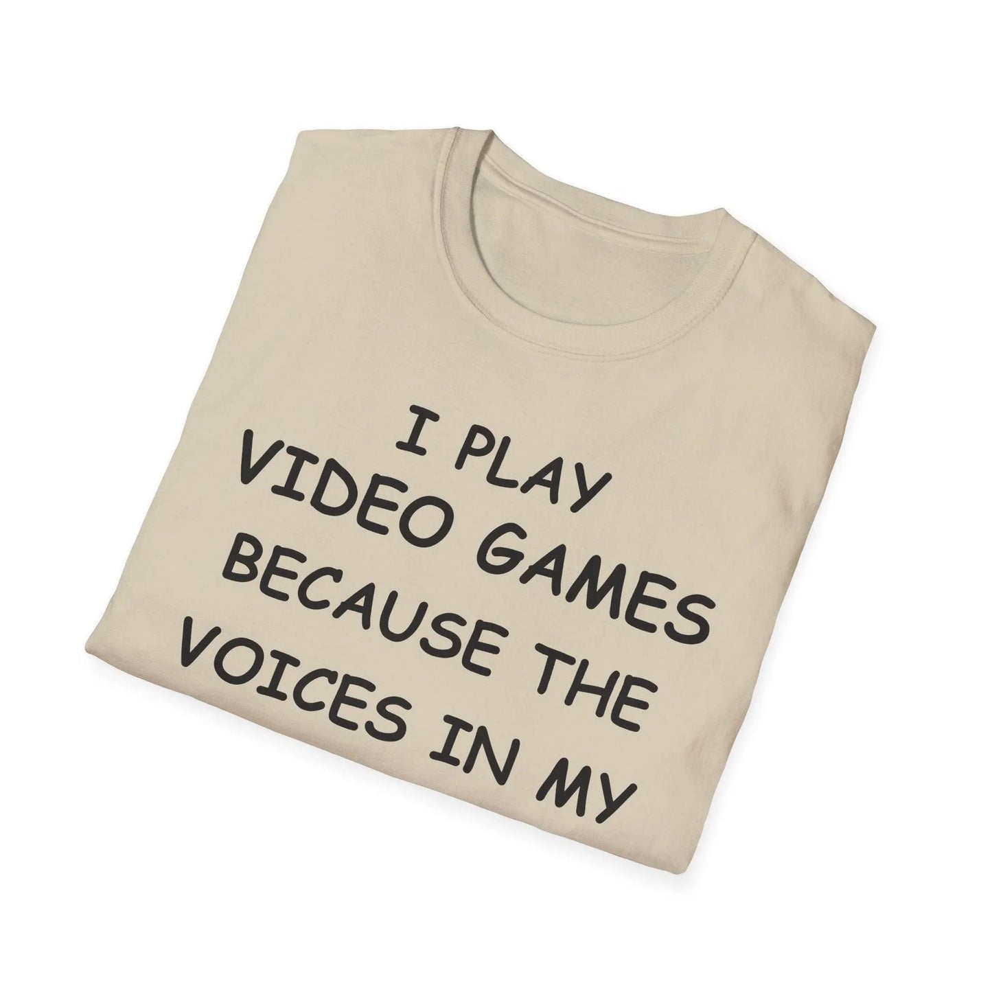 Close-up of the Black I Play Video Games unisex softstyle T-shirt’s collar and neckline stitching from a front view