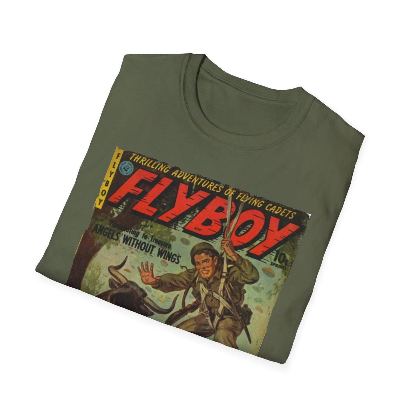 Close-up of the Flyboy No.1 T-shirt tag sewn onto the cherry red relaxed-fit fabric, highlighting the soft cotton blend