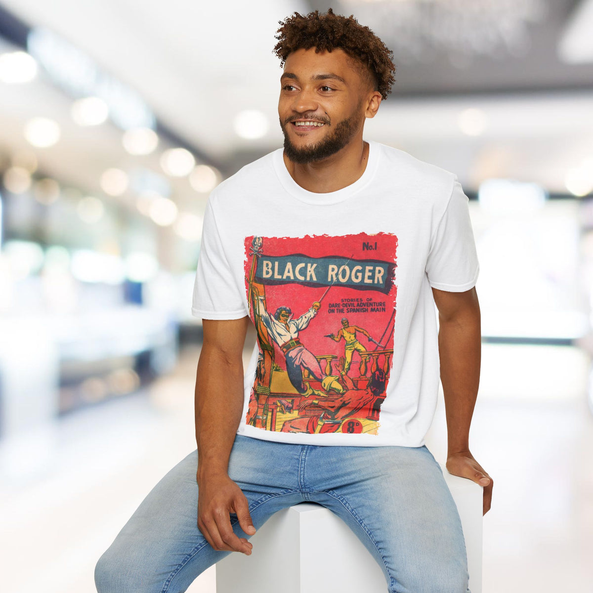 Close-up of the Black Roger No.1 unisex softstyle T-shirt's neckline and interior label showing slim fit and cotton blend