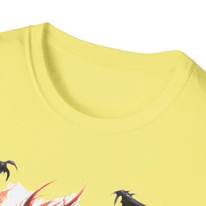 Close-up of the unisex softstyle T-shirt's relaxed fit and vibrant navy color showcasing the smooth fabric texture and