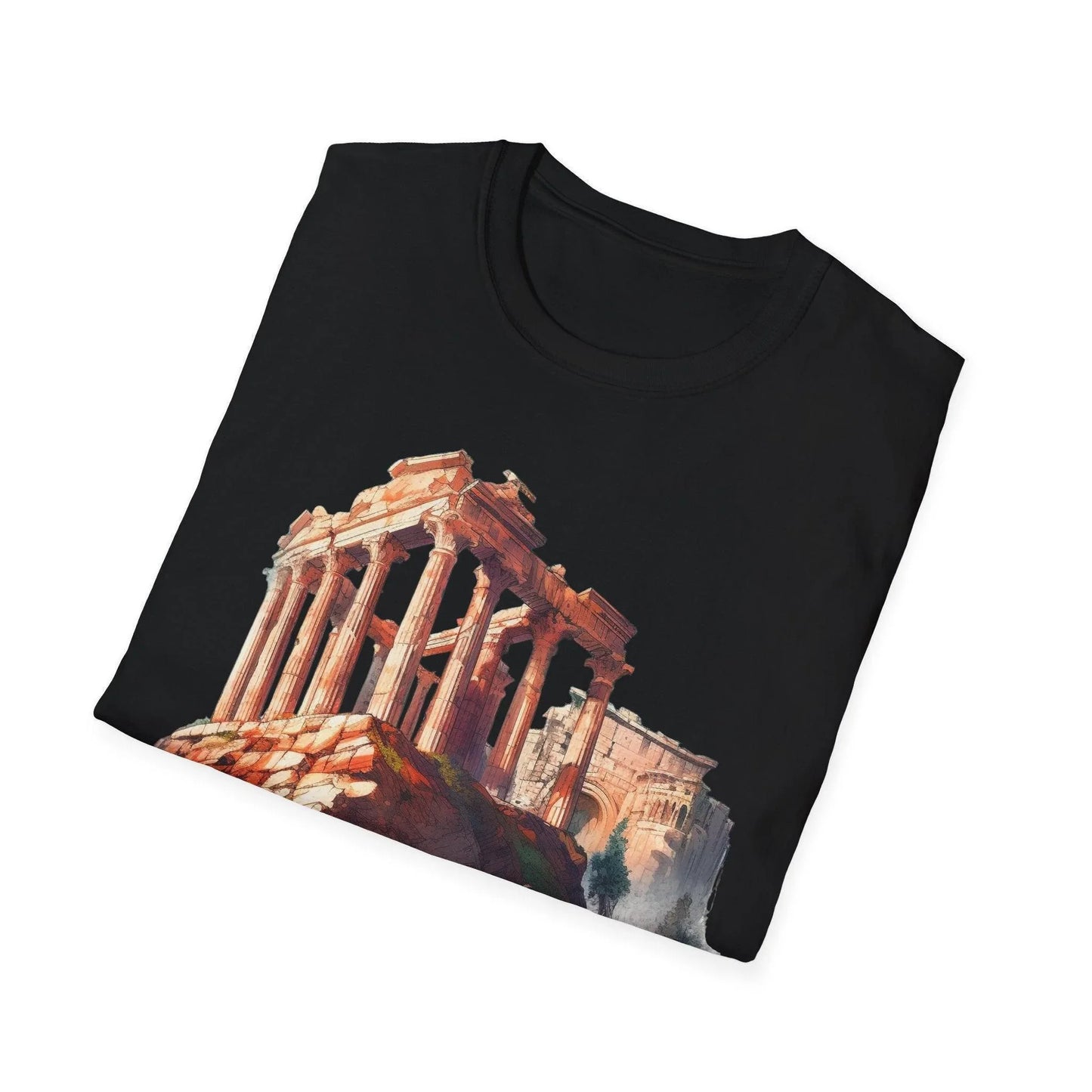 Close-up of the unisex softstyle T-shirt’s collar showing subtle stitching and navy blue fabric from a slight angle.