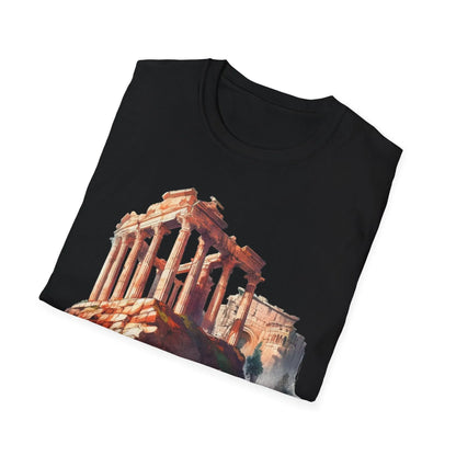 Close-up of the unisex softstyle T-shirt’s collar showing subtle stitching and navy blue fabric from a slight angle.