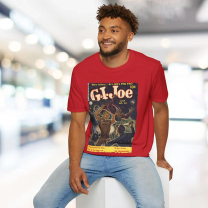 Close-up of the G.I. Joe No.33 softstyle T-shirt's embroidered logo on the chest pocket from a slightly angled front view