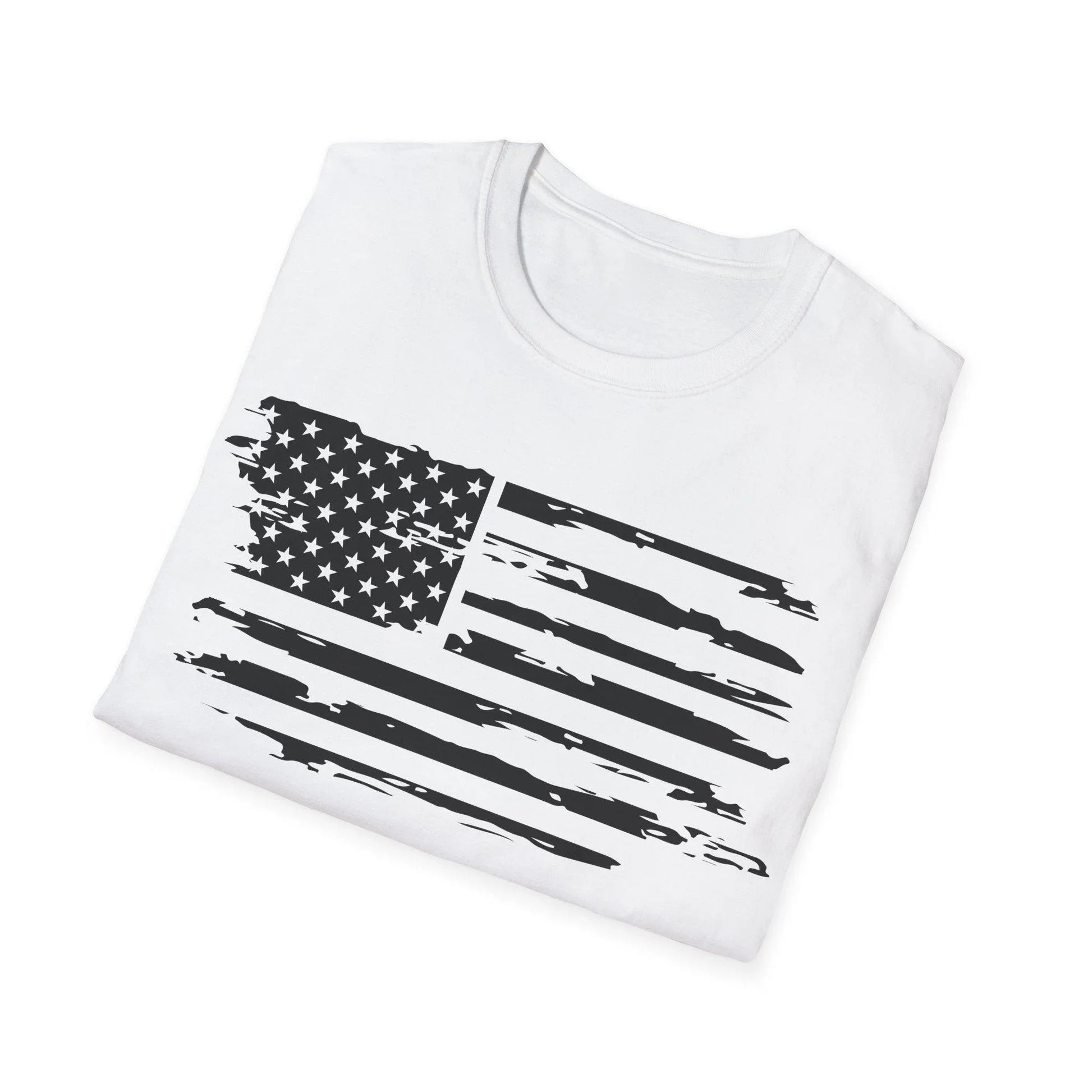 Close-up of distressed black-and-white American flag design printed on the front of the relaxed fit, crewneck unisex T-shirt