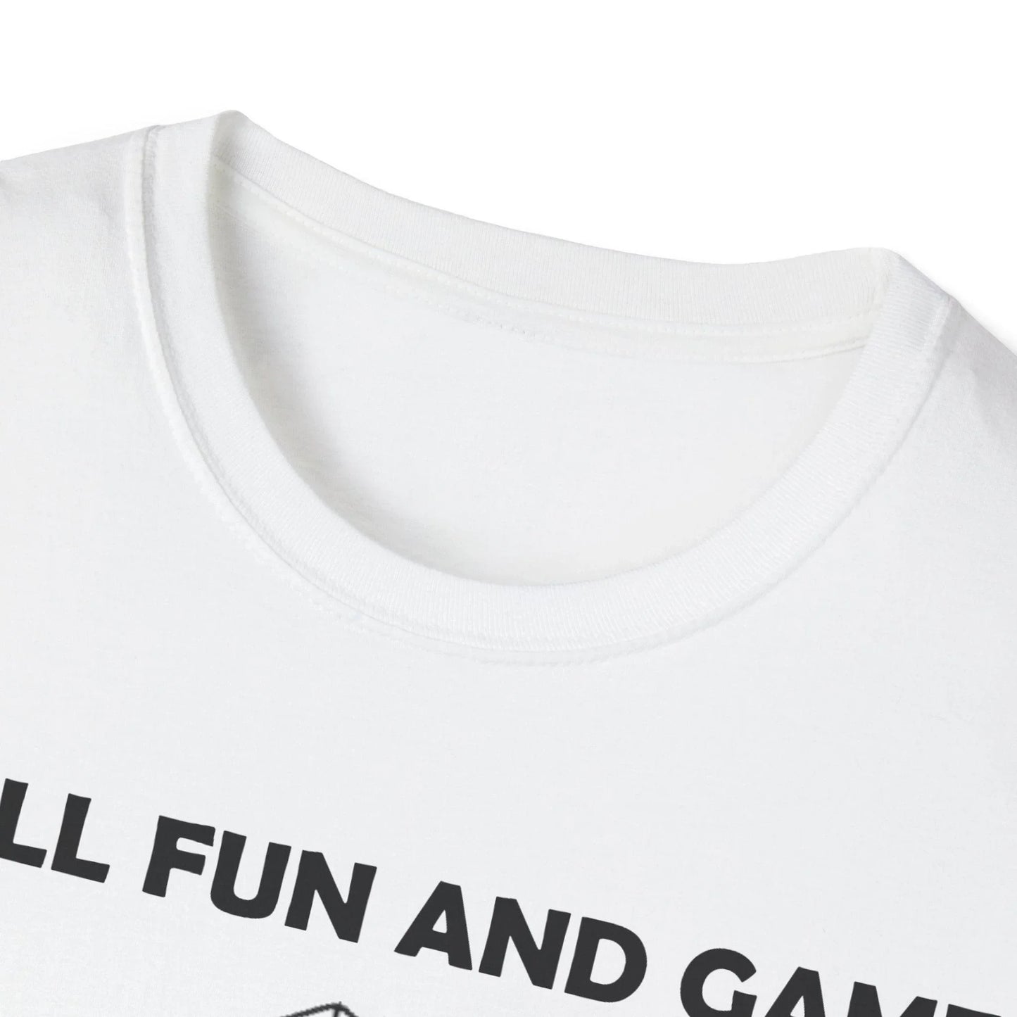 Close-up of the black soft cotton fabric and stitched neckline detailing on the unisex T-shirt from an overhead angle.