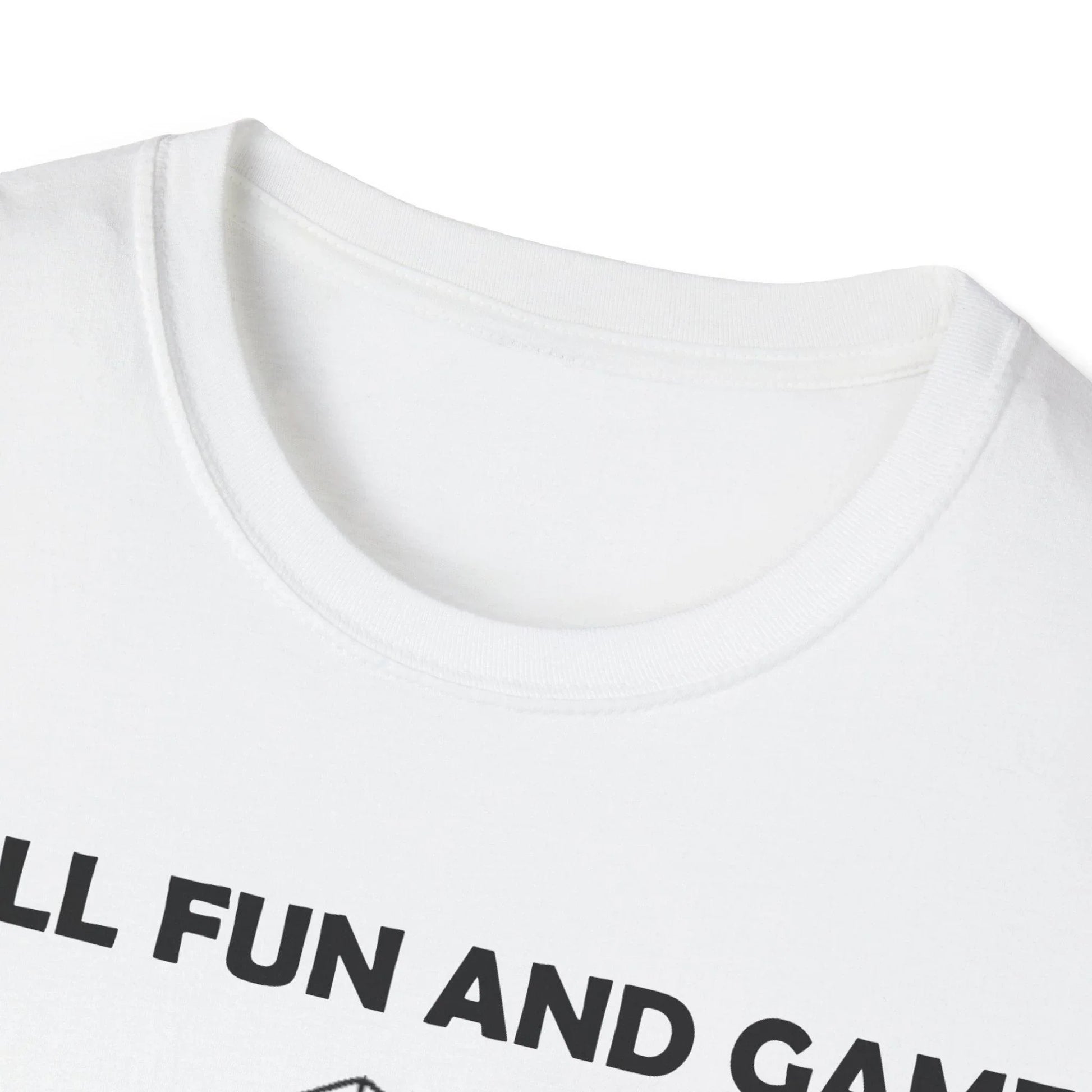 Close-up of the black soft cotton fabric and stitched neckline detailing on the unisex T-shirt from an overhead angle.