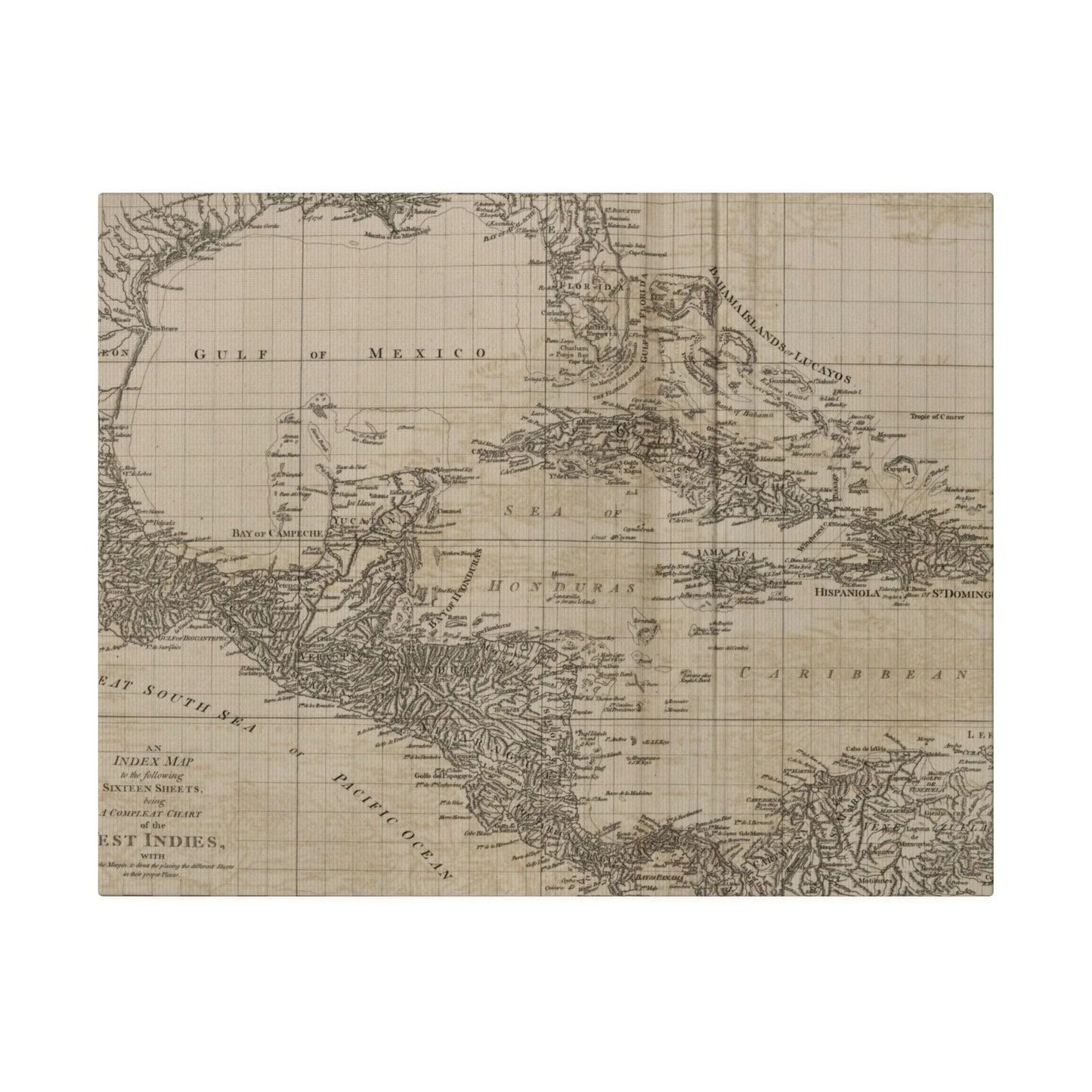 Close-up of the “Chart of the West Indies” canvas showing intricate geographic details and vibrant color accents on textured