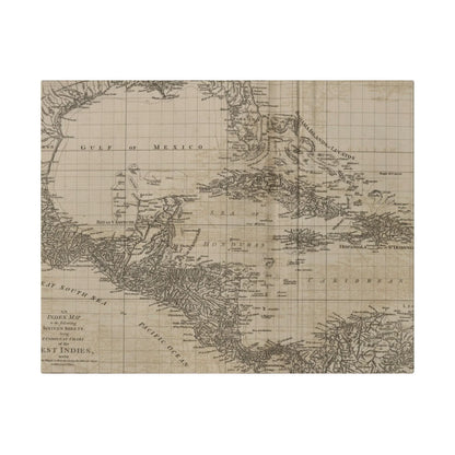 Close-up of the “Chart of the West Indies” canvas showing intricate geographic details and vibrant color accents on textured