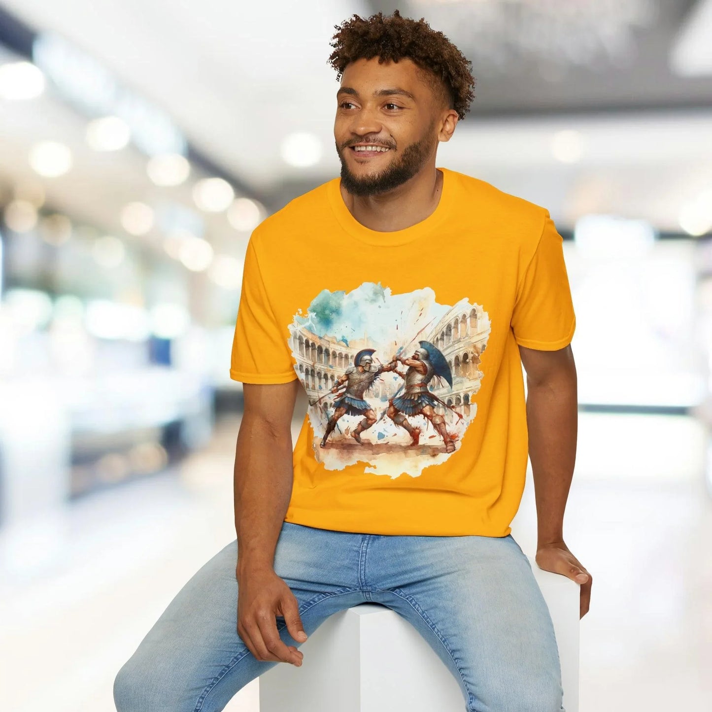 Close-up of the unisex softstyle T-shirt fabric featuring a heathered charcoal color and subtle textured surface at the