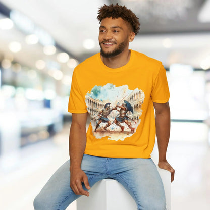 Close-up of the unisex softstyle T-shirt fabric featuring a heathered charcoal color and subtle textured surface at the