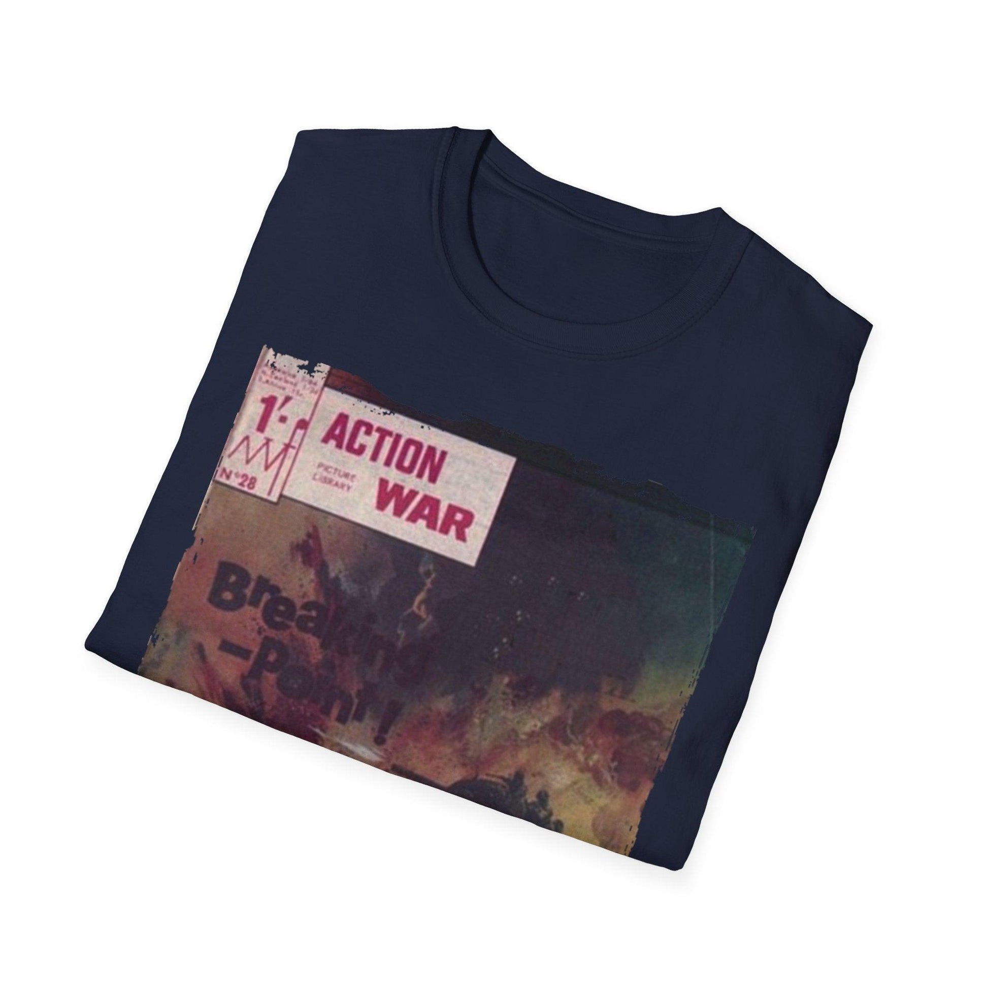 Close-up of the unisex softstyle T-shirt's relaxed fit and vibrant blue color, highlighting the smooth fabric texture and