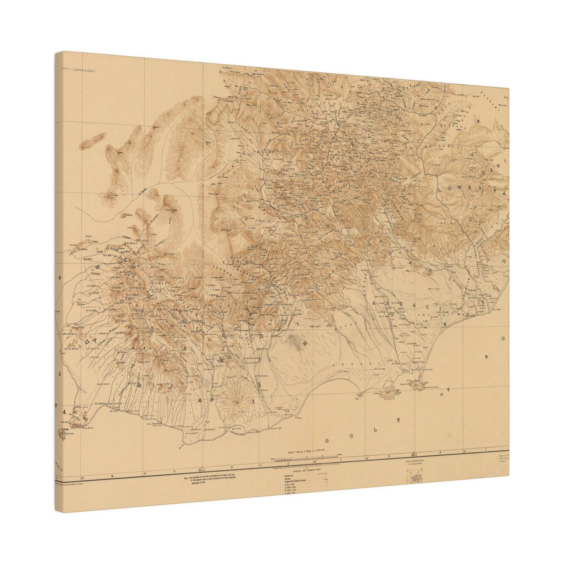 Close-up of detailed canvas texture and aged coloration highlighting the 1914 Arabian Peninsula map on product #21 of 32.