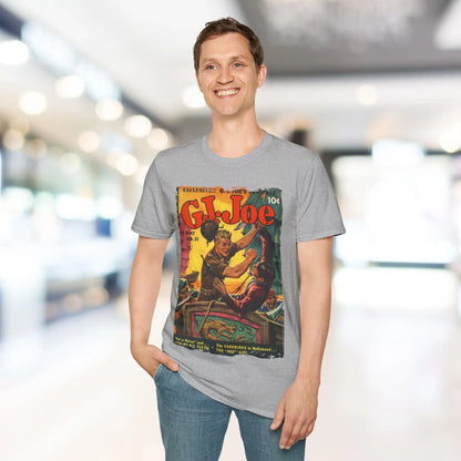 Close-up of the unisex softstyle fabric tag sewn onto the relaxed fit, heather gray G.I. Joe No.31 T-shirt highlighting
