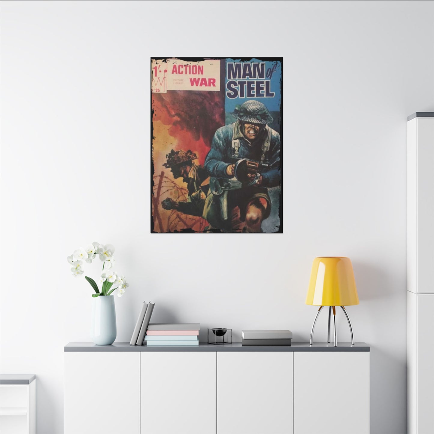 Close-up of the textured canvas surface showcasing the bold, vintage-inspired print and detailed brushstroke accents of