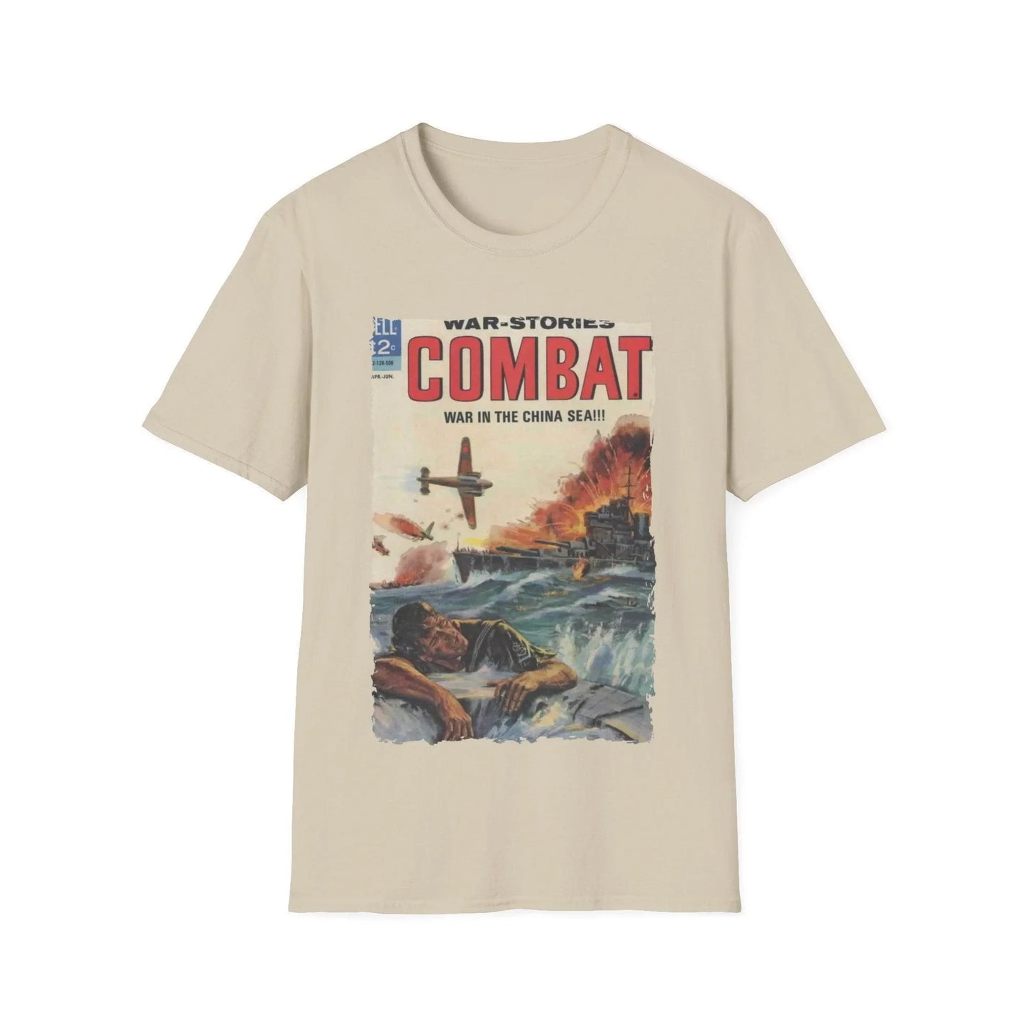 Close-up of the Combat April 1965 T-shirt neckline showing reinforced stitching and subtle fabric texture in deep olive