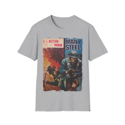 Close-up of the unisex softstyle T-shirt's navy blue fabric showing smooth texture and relaxed fit collar from a front