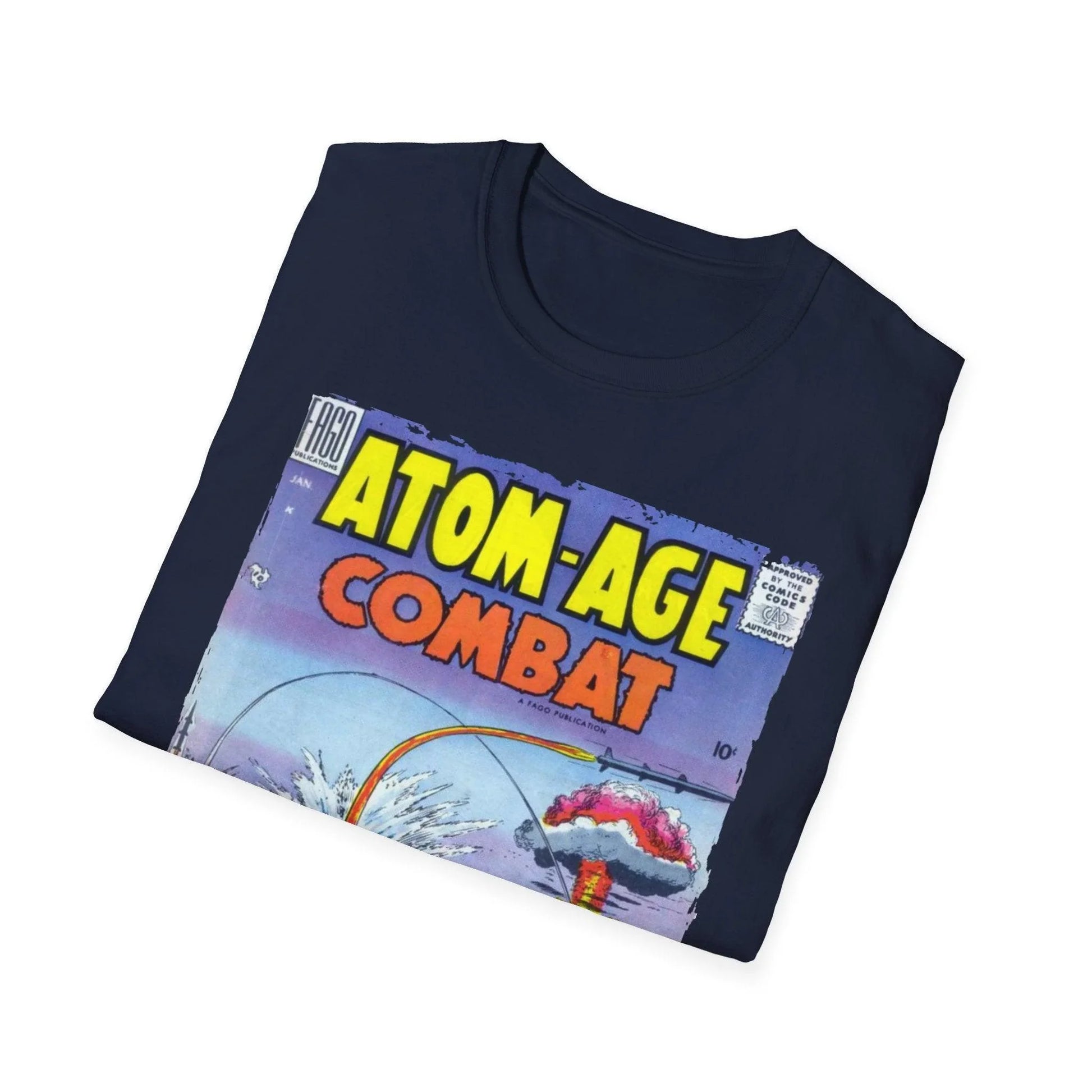 Close-up of the Atom-Age Combat No.2 T-shirt neckline displaying reinforced stitching and fabric texture in heather gray