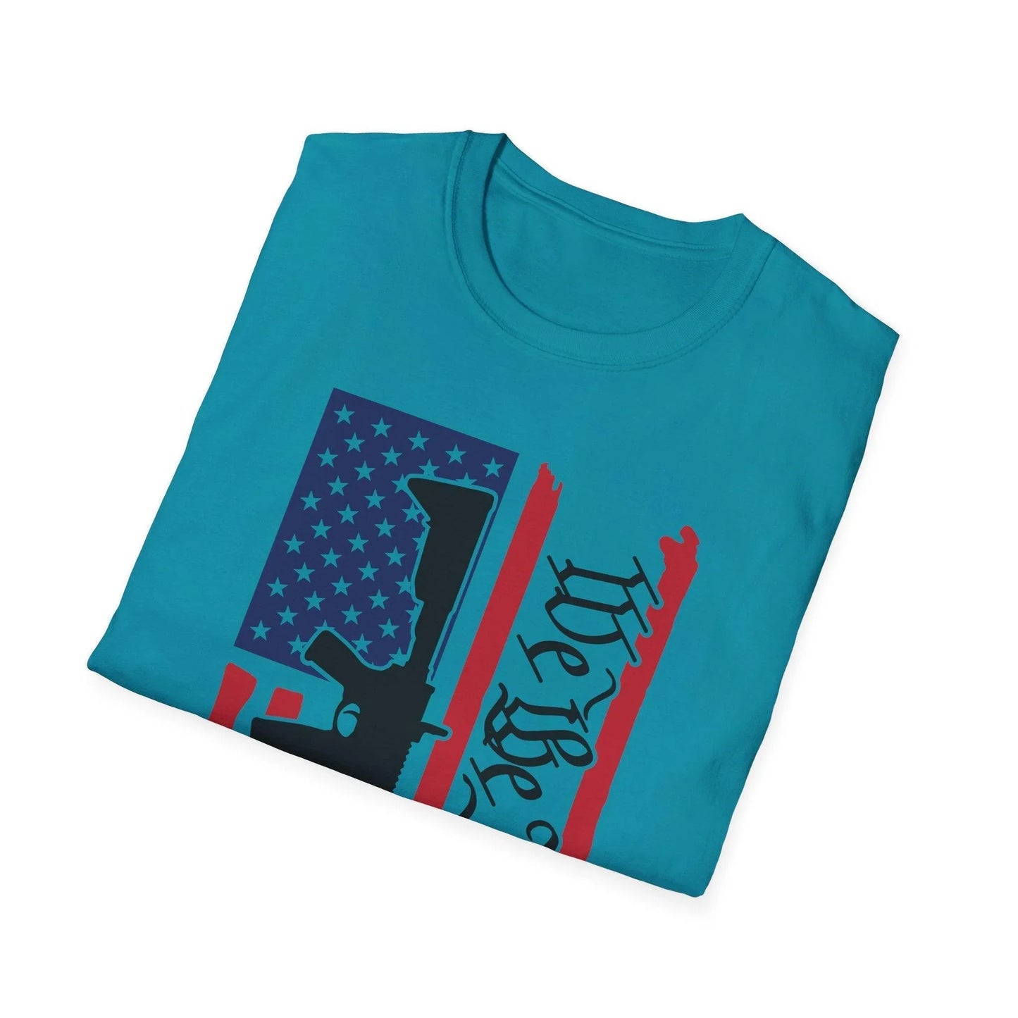 Close-up of distressed vertical American flag graphic on relaxed fit, 100% cotton softstyle T-shirt showcasing faded colors