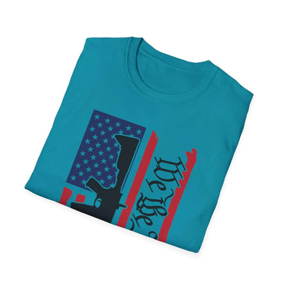 Close-up of distressed vertical American flag graphic on relaxed fit, 100% cotton softstyle T-shirt showcasing faded colors
