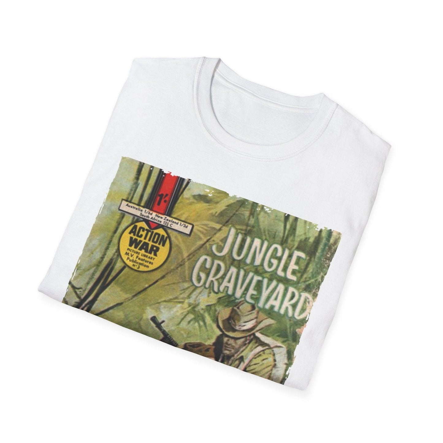 Close-up of the unisex softstyle T-shirt’s label displaying fabric composition and care instructions in black ink on the