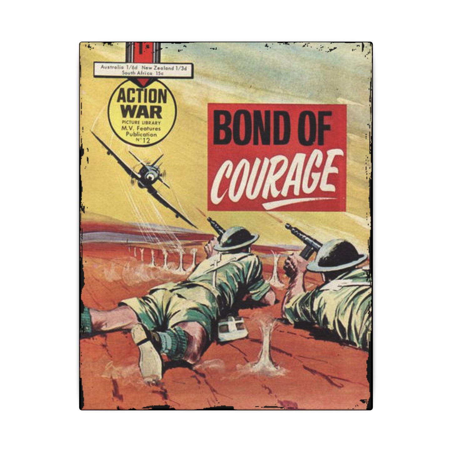 Close-up of the textured canvas surface highlighting the vintage-style print detail from Action War #12 comic book artwork.