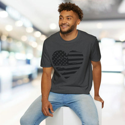 Close-up of the American Heart B&W unisex T-shirt collar showcasing the smooth crew neckline and double-stitched stitching