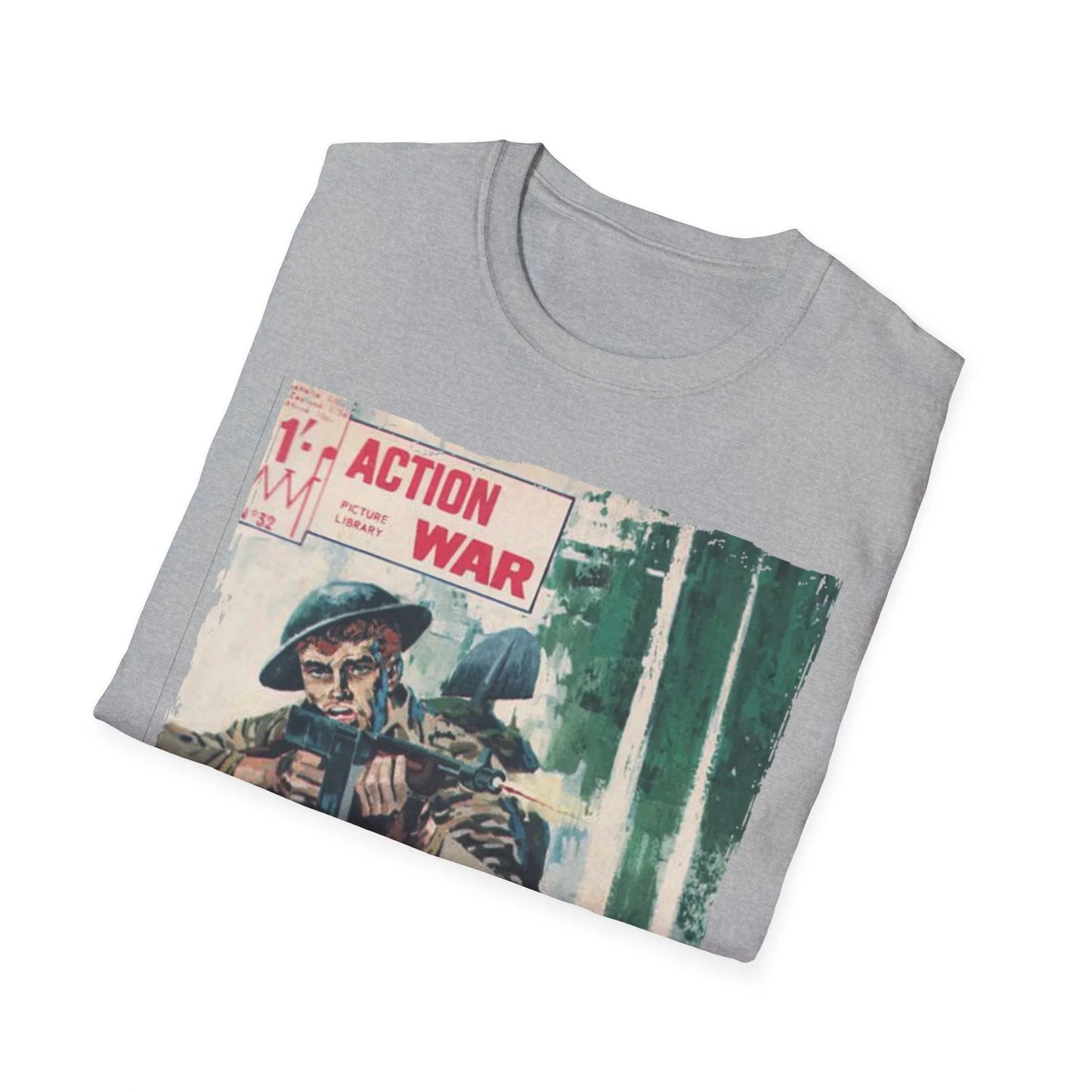 Close-up of the unisex softstyle T-shirt collar showing the smooth crew neckline and subtle stitching detail in vibrant red