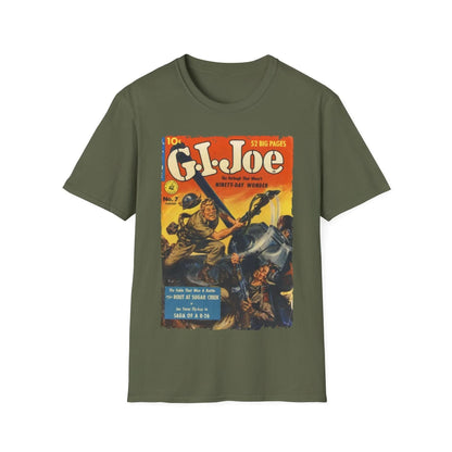 Close-up of the G.I. Joe No.7 unisex softstyle T-shirt’s neck label showing fabric texture and stitching detail