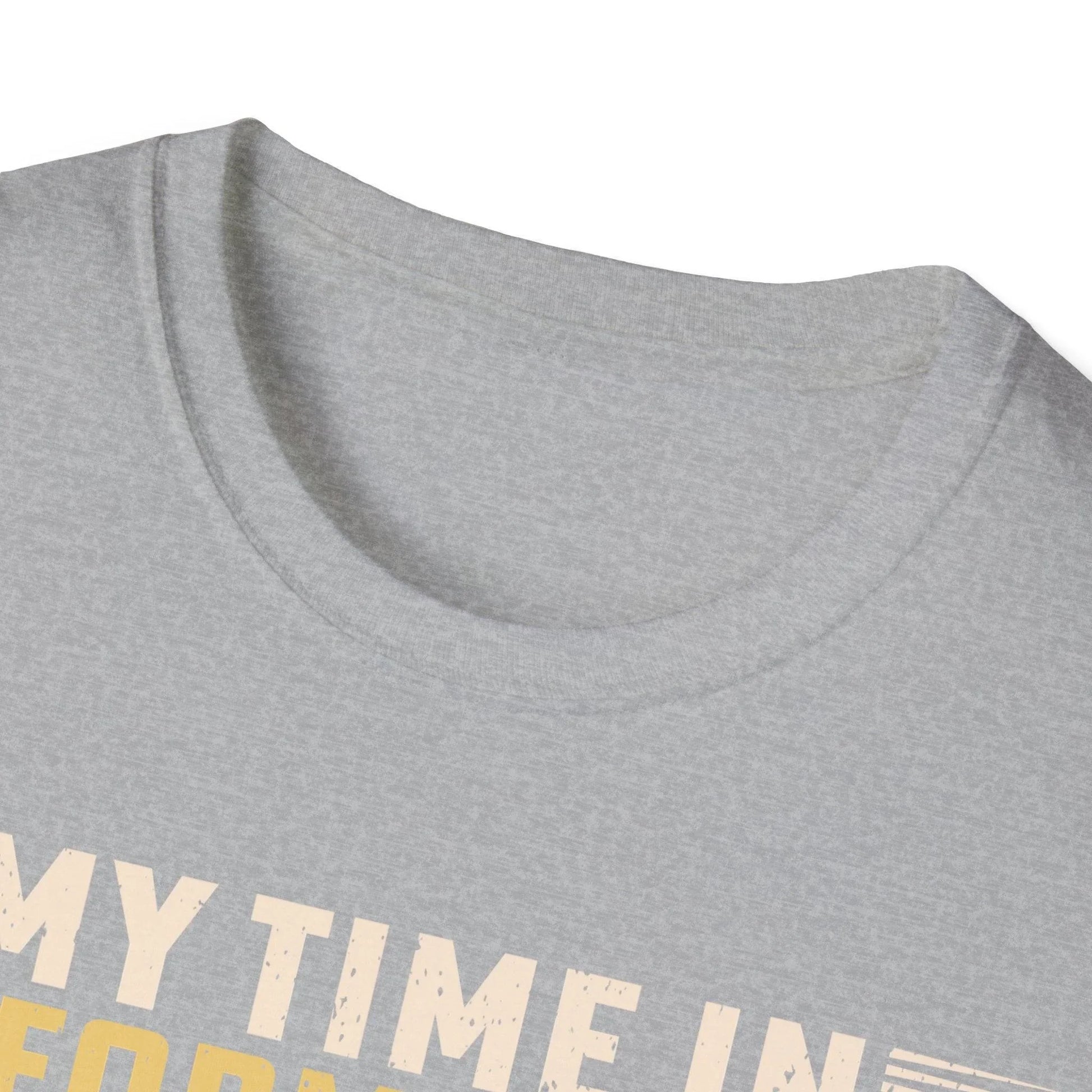 Close-up of the unisex slim fit, heather gray cotton T-shirt neckline displaying reinforced stitching and subtle fabric