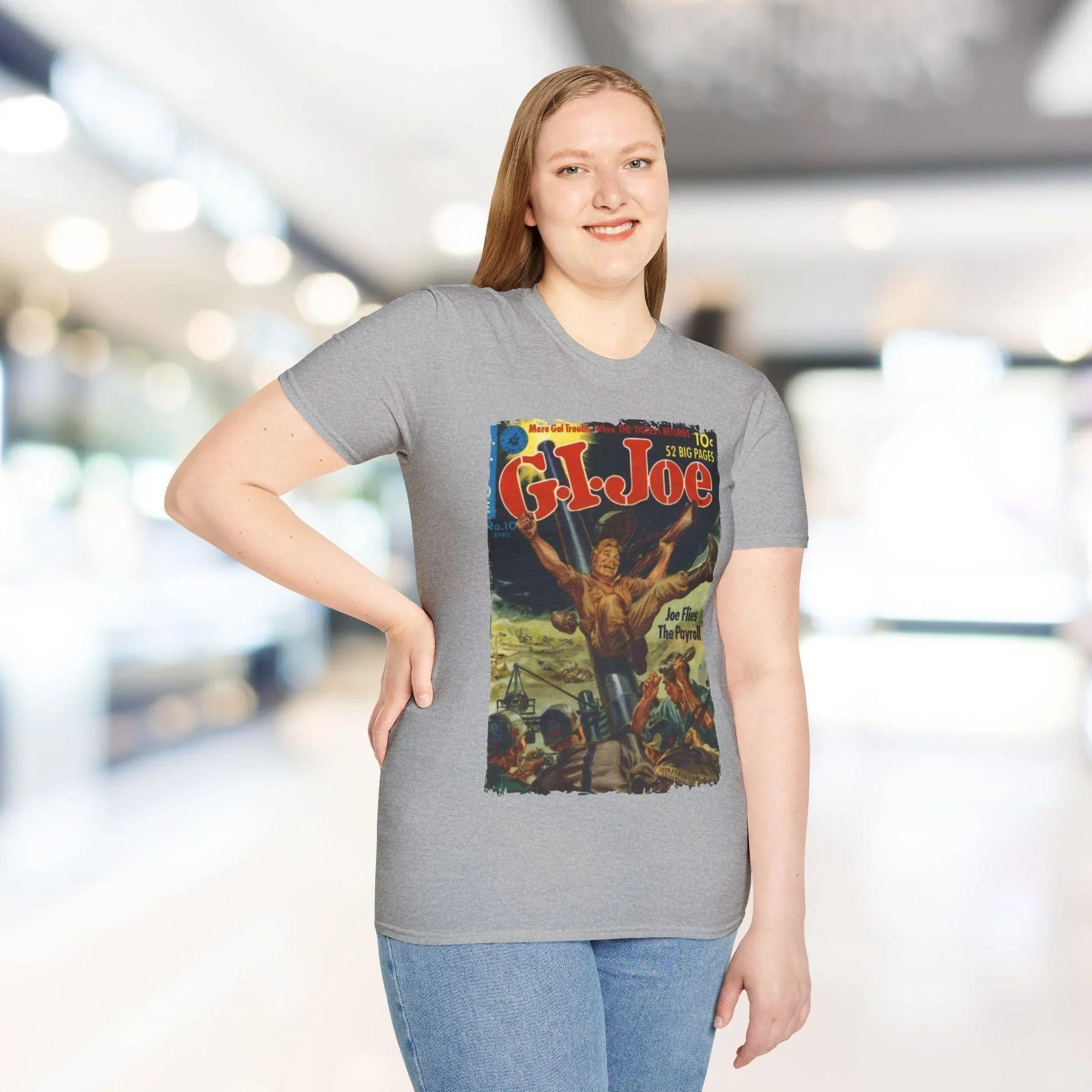 Close-up of the G.I. Joe No.10 Apr T-shirt's cotton fabric at the collar with visible stitching and relaxed fit details