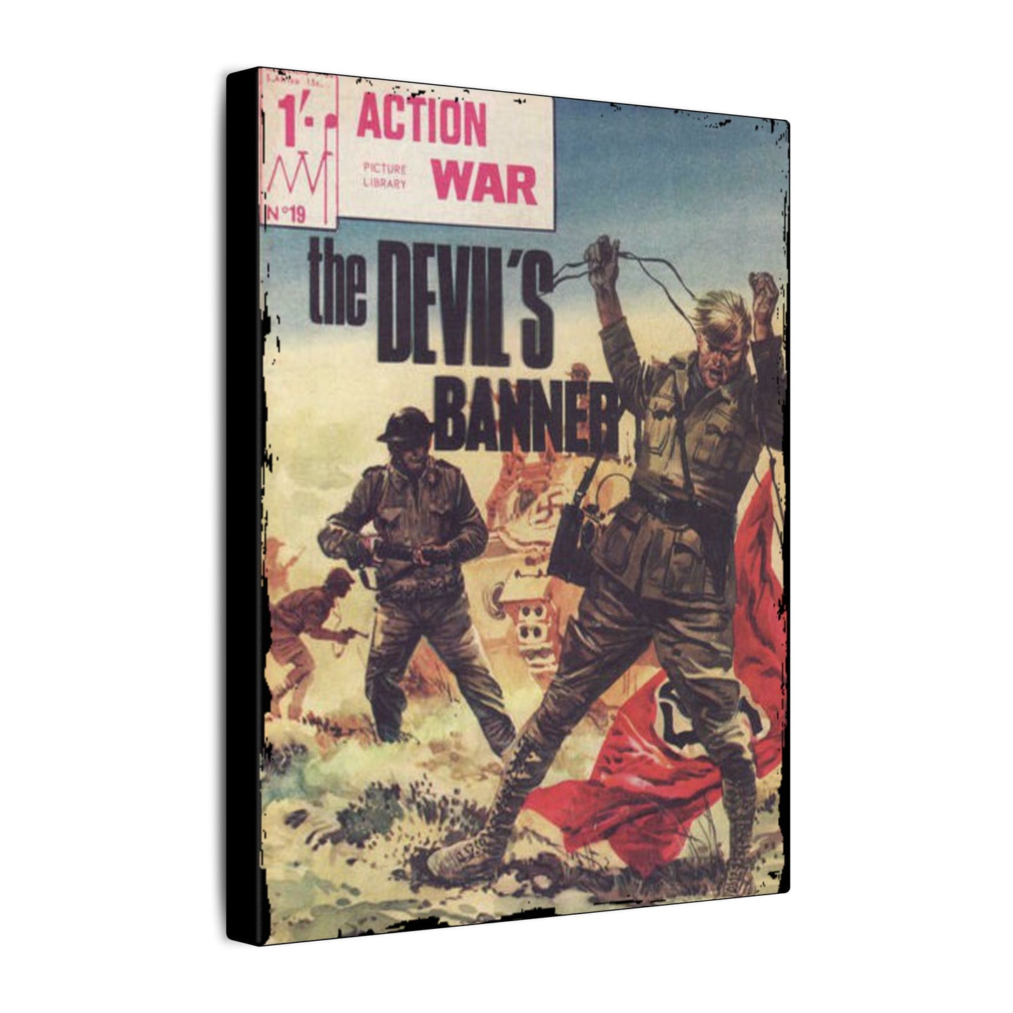 Close-up of the textured canvas surface highlighting the detailed print quality and vibrant color contrast of Action War #19.
