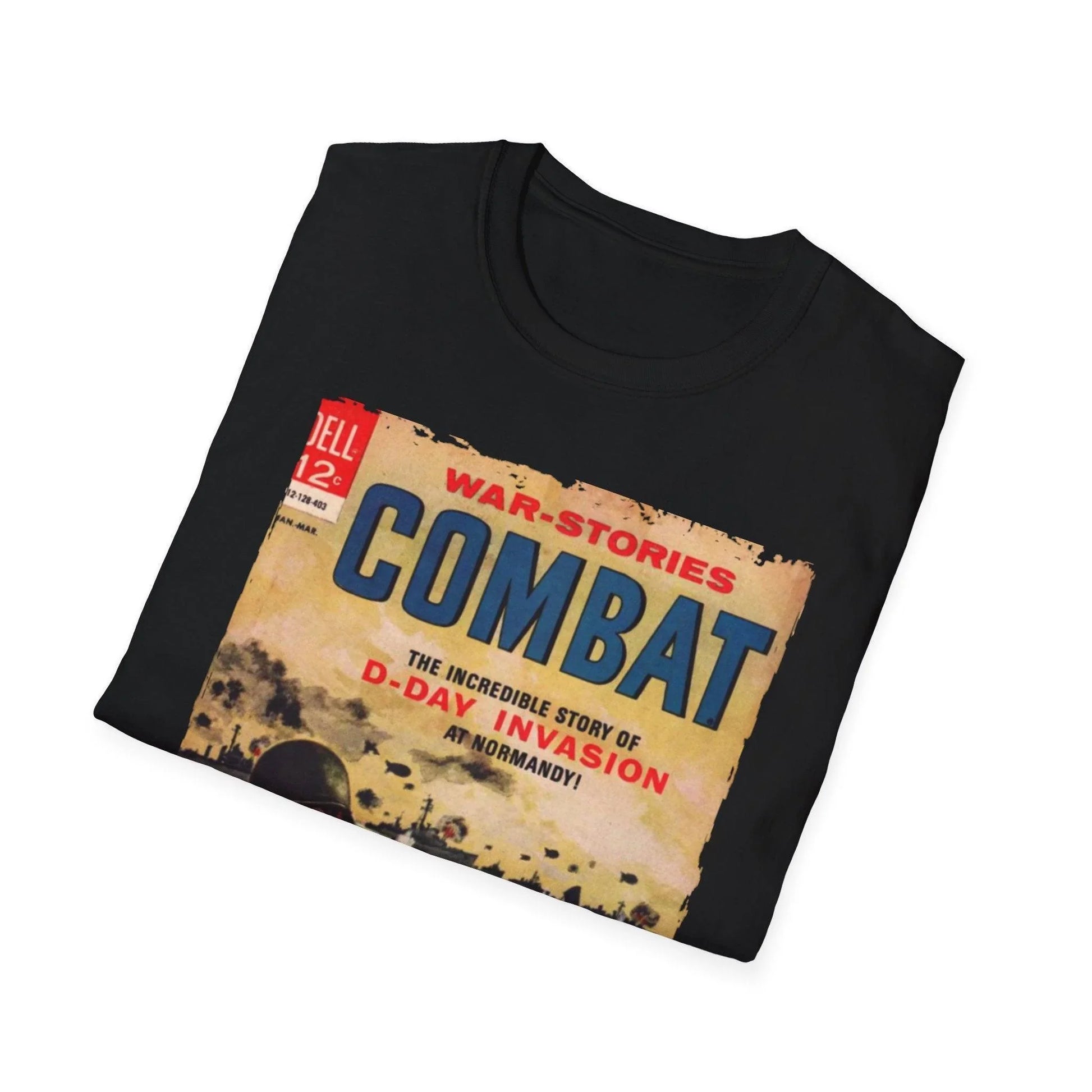 Overhead shot highlighting the soft cotton fabric and vibrant Combat Mar 1964 graphic on the chest of the unisex slim-fit