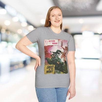 Close-up of the charcoal gray unisex softstyle T-shirt fabric edge showing subtle stitching and the relaxed fit collar