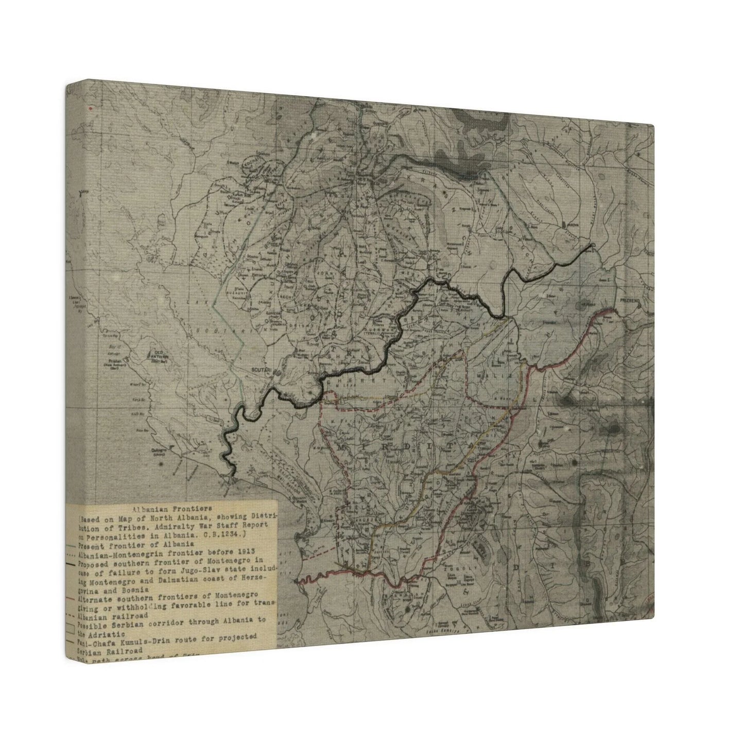 Close-up of detailed textured canvas depicting weathered maritime markings and subtle color variations on the Albanian