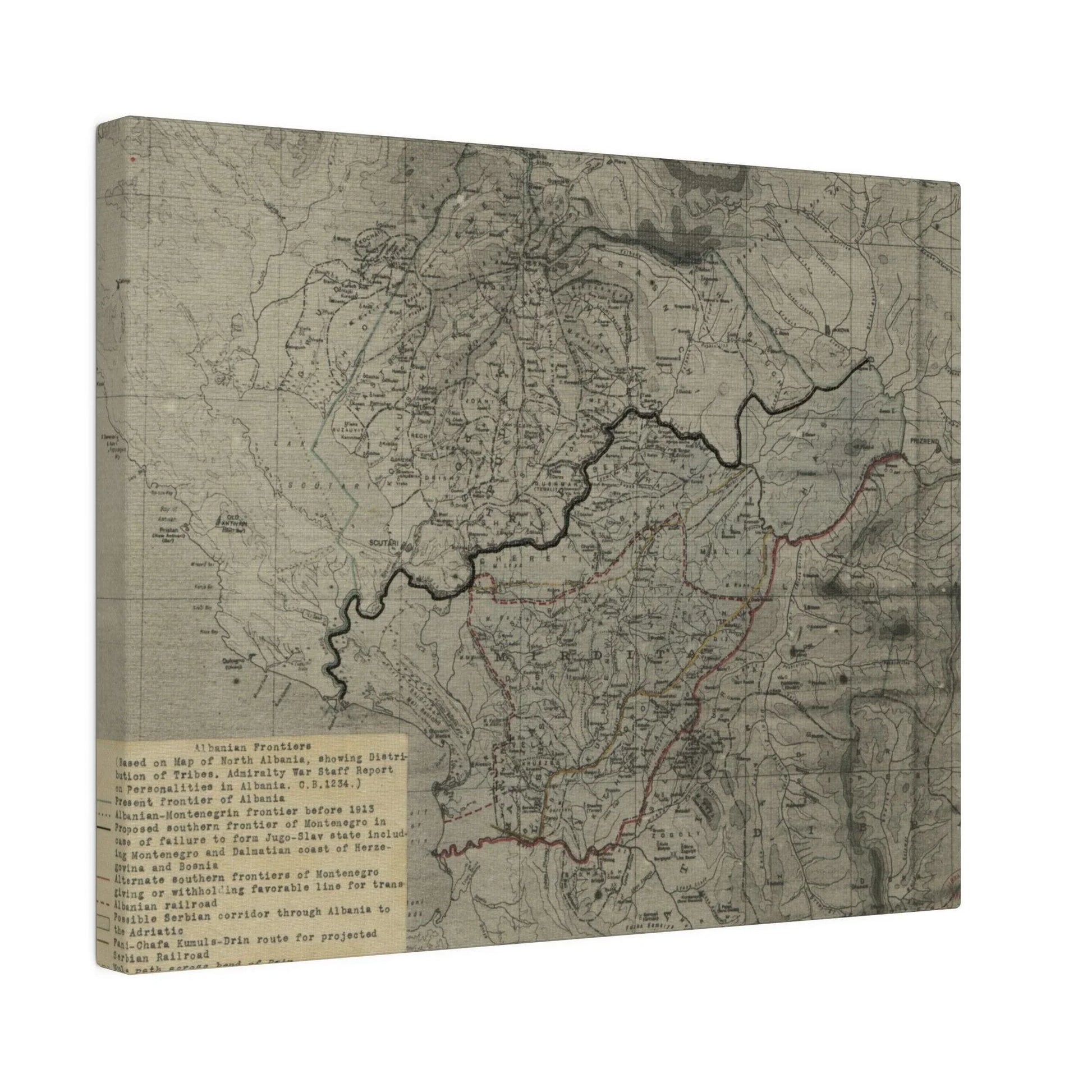 Close-up of detailed textured canvas depicting weathered maritime markings and subtle color variations on the Albanian