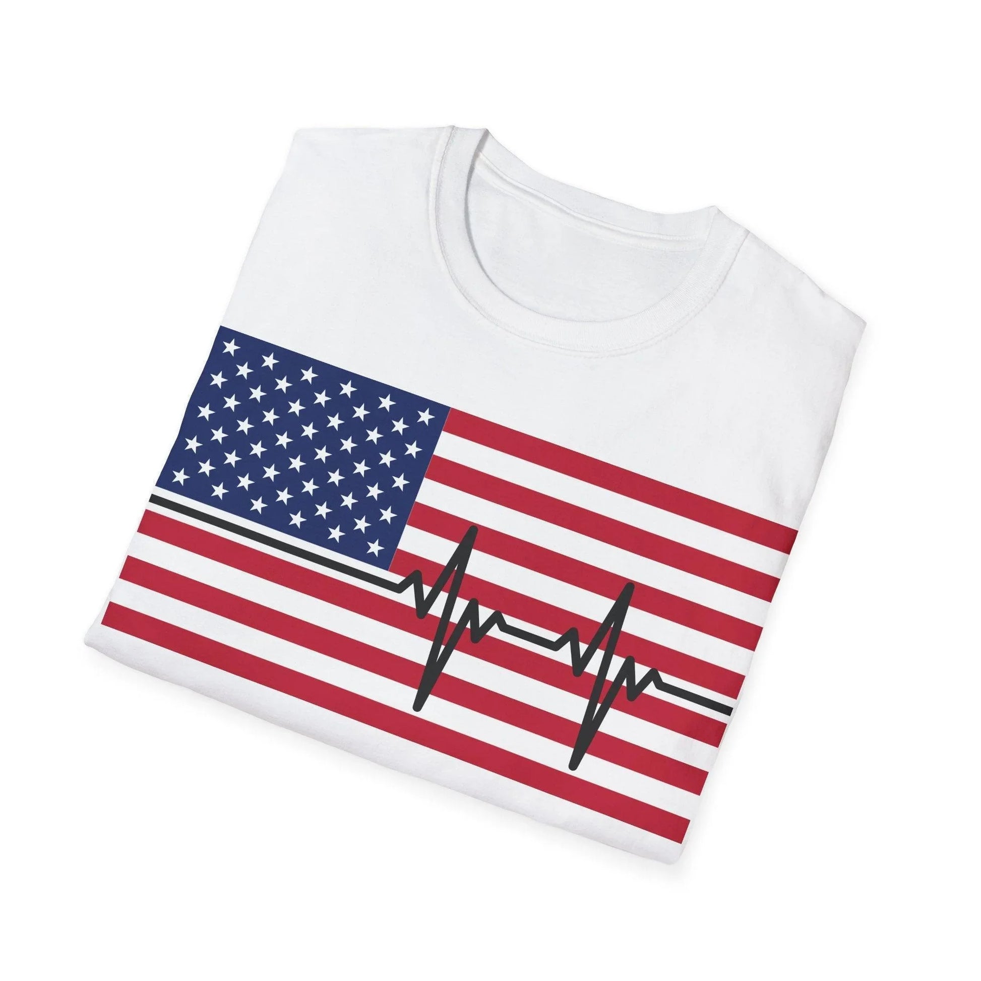 Close-up of American flag heartbeat graphic on chest area, showcasing vibrant red, white, and blue colors on soft cotton