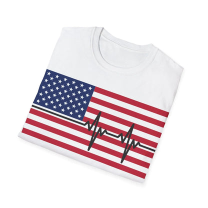 Close-up of American flag heartbeat graphic on chest area, showcasing vibrant red, white, and blue colors on soft cotton