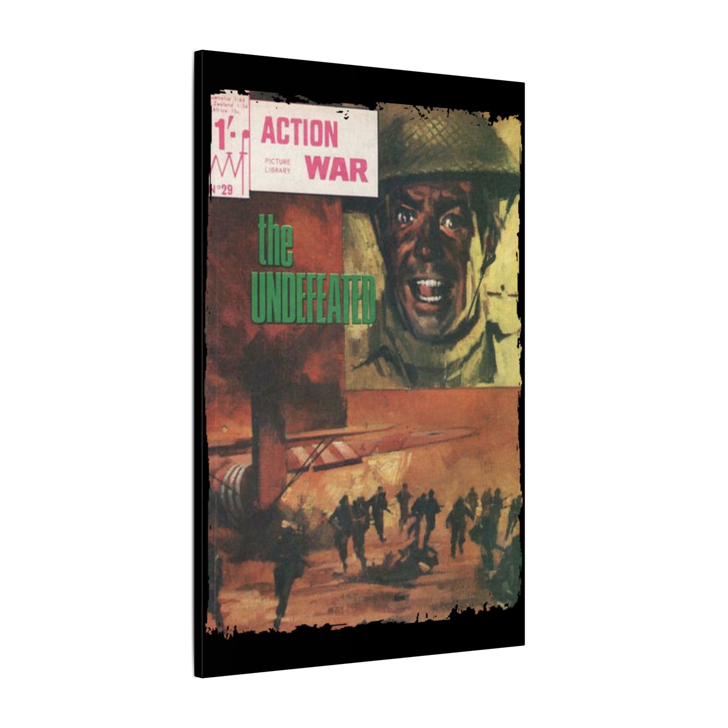 Close-up of the textured canvas surface featuring subtle brushstroke patterns and vintage-style coloring details.