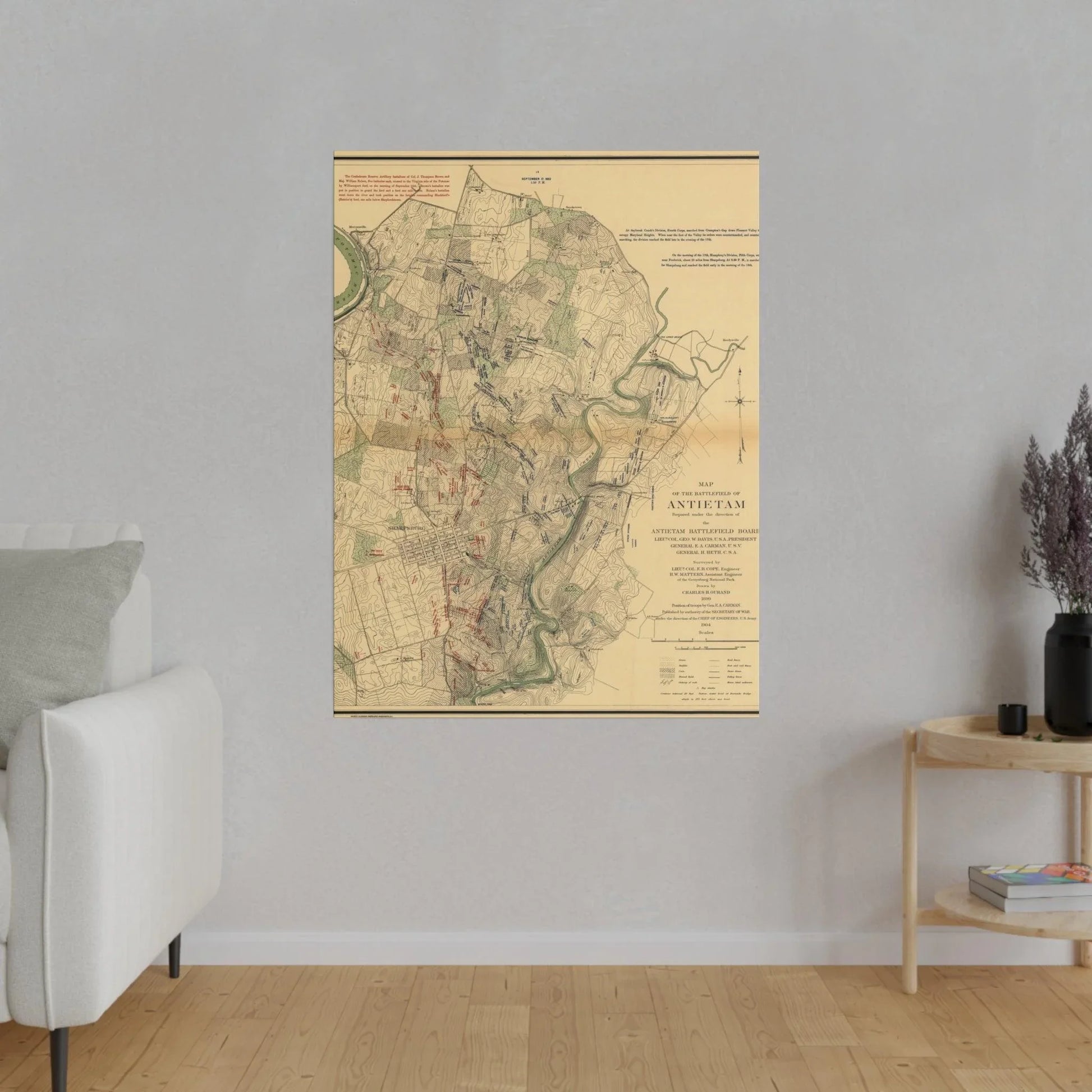 Close-up of textured canvas surface highlighting subtle brushstroke detail and vintage-inspired color fade from the Antietam