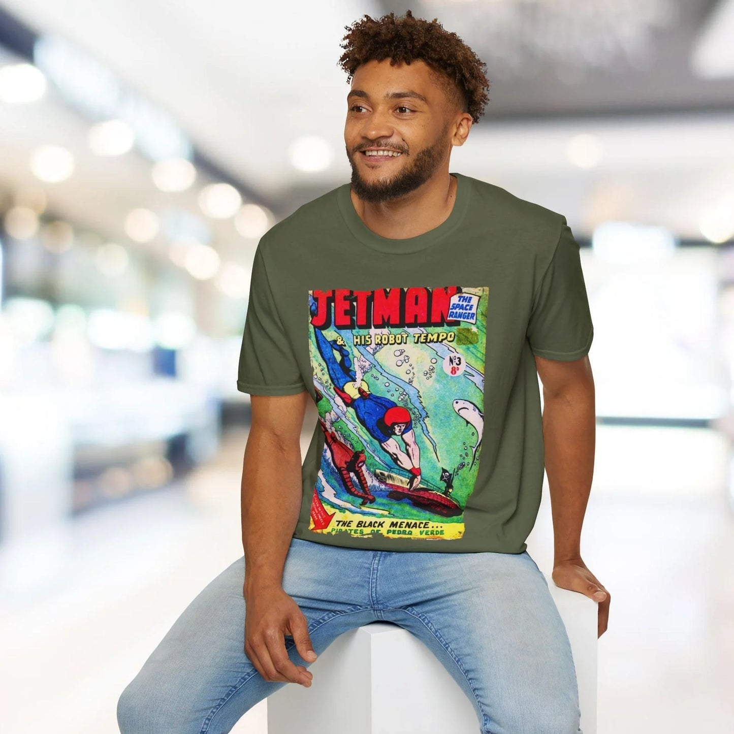 Close-up of the Jetman No.3 T-shirt's soft cotton fabric texture and relaxed fit at the hem, showcasing subtle stitching