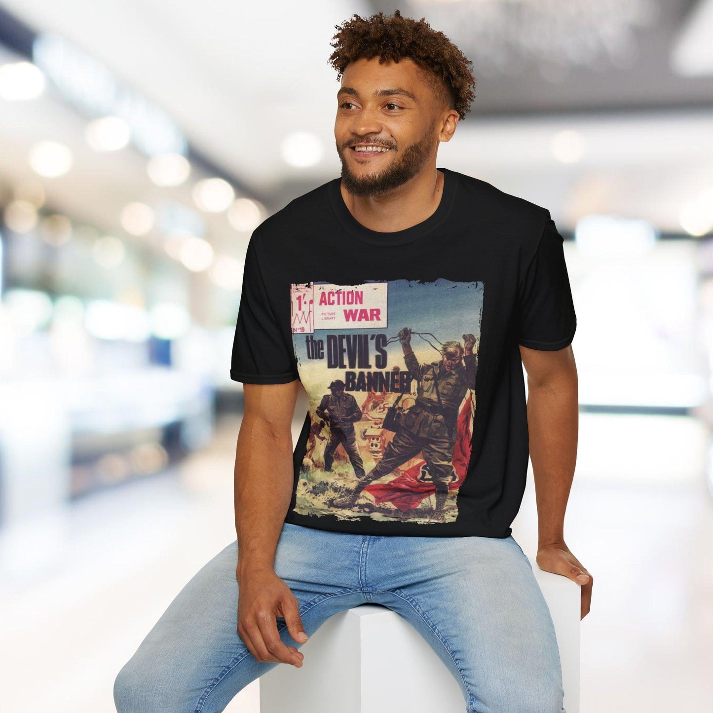 Close-up of the relaxed fit unisex cotton T-shirt neckline showing subtle stitching details in vibrant red color