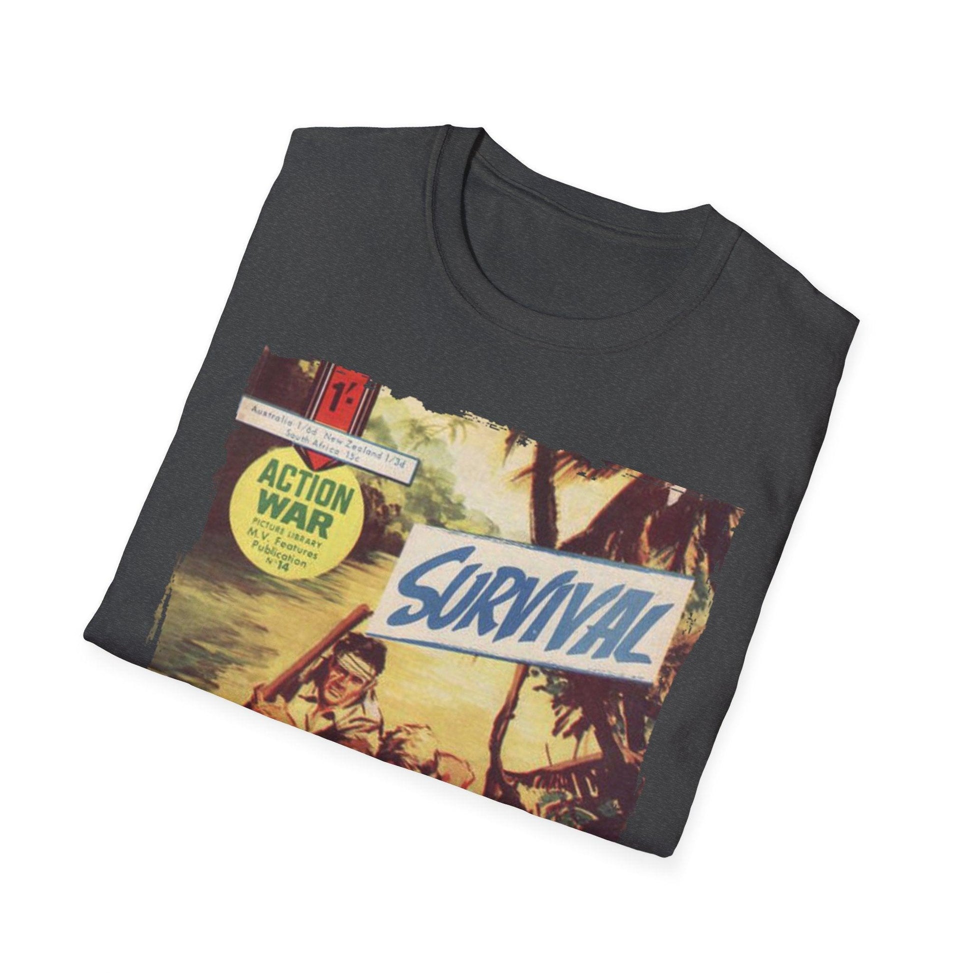 Close-up of the unisex softstyle fabric showing a smooth, relaxed fit in slate gray with visible stitched neckline detail